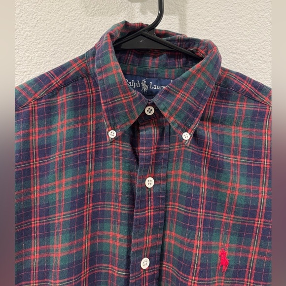 Vintage Ralph Lauren Men’s 100% Cotton Plaid Red Green Holiday Button Down Top M - Picture 3 of 13